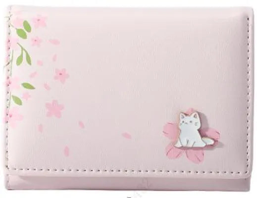 Womens Sakura Cat Tri-fold Short Wallet(Light Pink)