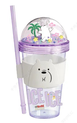 We Bare Bears Seaside Music Festival Glitter Plastic Bottle with Straw and Sleeve (420mL)(Ice Bear)